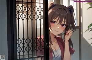 A girl with long brown hair standing in front of a window.