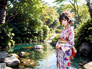 A woman in a kimono standing in front of a pond.
