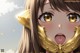 Anime girl with long brown hair wearing a gold mask.